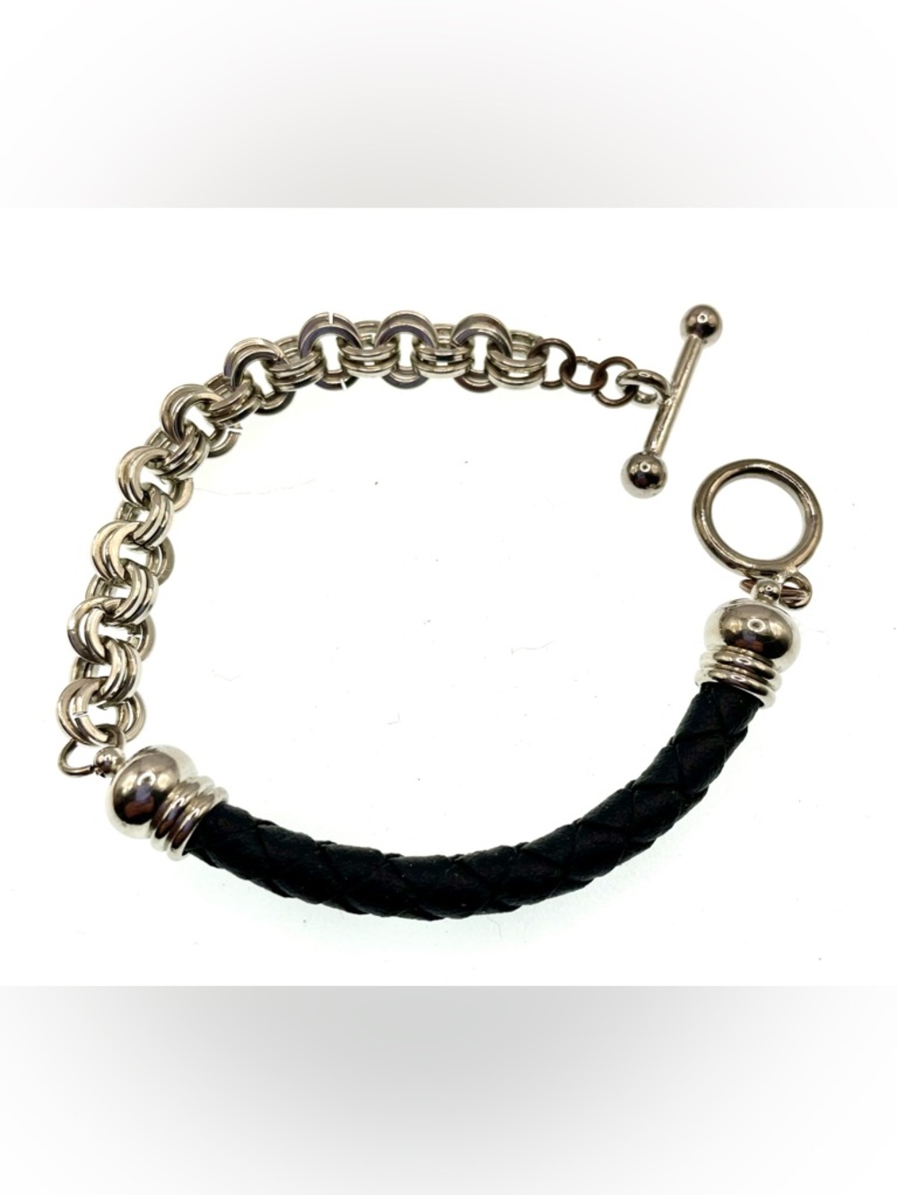 Braided Black Leather Bracelet w/Silver Tone Chain Toggle Clasp Mixed Material